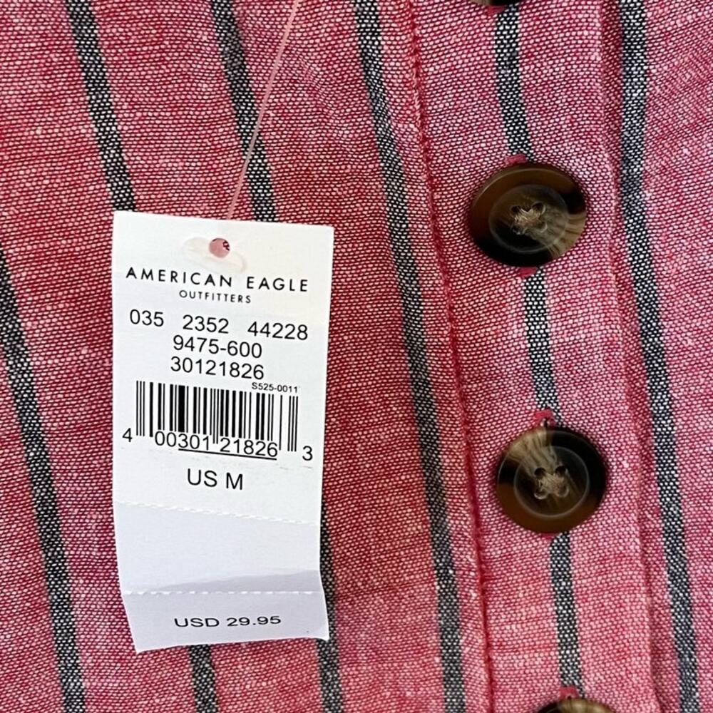 American Eagle Crop Top Sz Medium Washed Red Black Stripe Cotton Linen Smocked - Picture 7 of 9